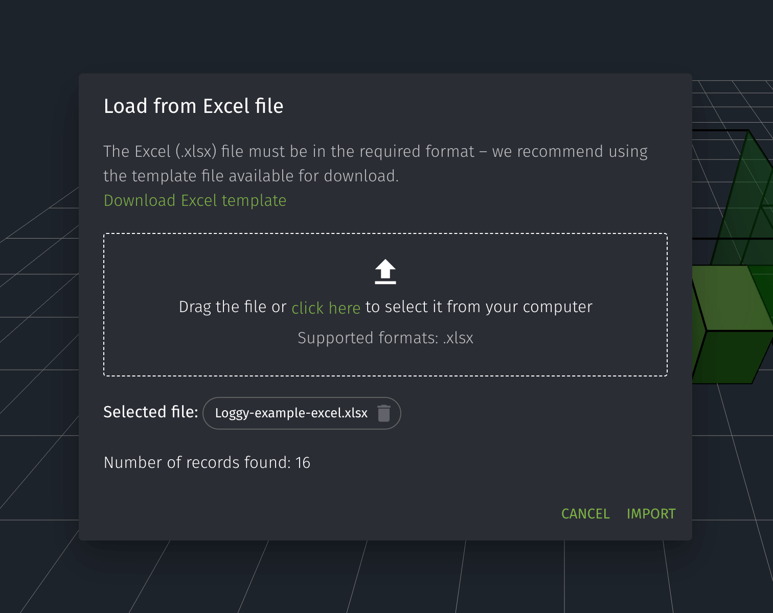 Excel data import to Loggy